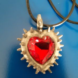 Beautiful Blood  Red Heart Shaped Emblem with Unique Spikes on Black Cord Chain